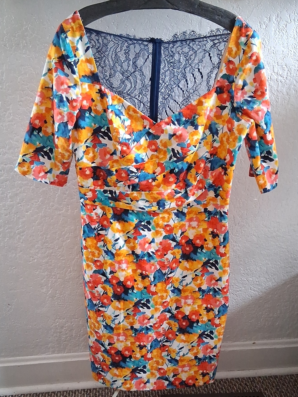 Theia Multicolor Floral Sheath Dress in Yellow, Orange, Blue